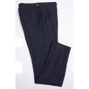 Proper Cloth Navy Blue Plaid Extra Slim Fit Linen Side Buckle Dress Pants 32x36